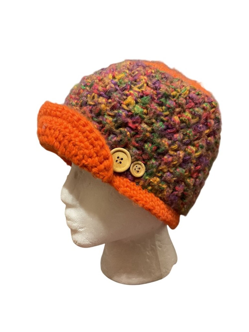 Turtle Fur Orange Crochet Beanie Hat One Size Button Detail Lined For Adults